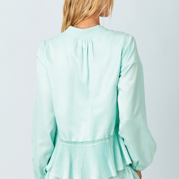 MYSTREE Mint Green Pleated Hem Bomber Jacket, Satin Zip-Up Lightweight Jacket - Picture 4 of 7